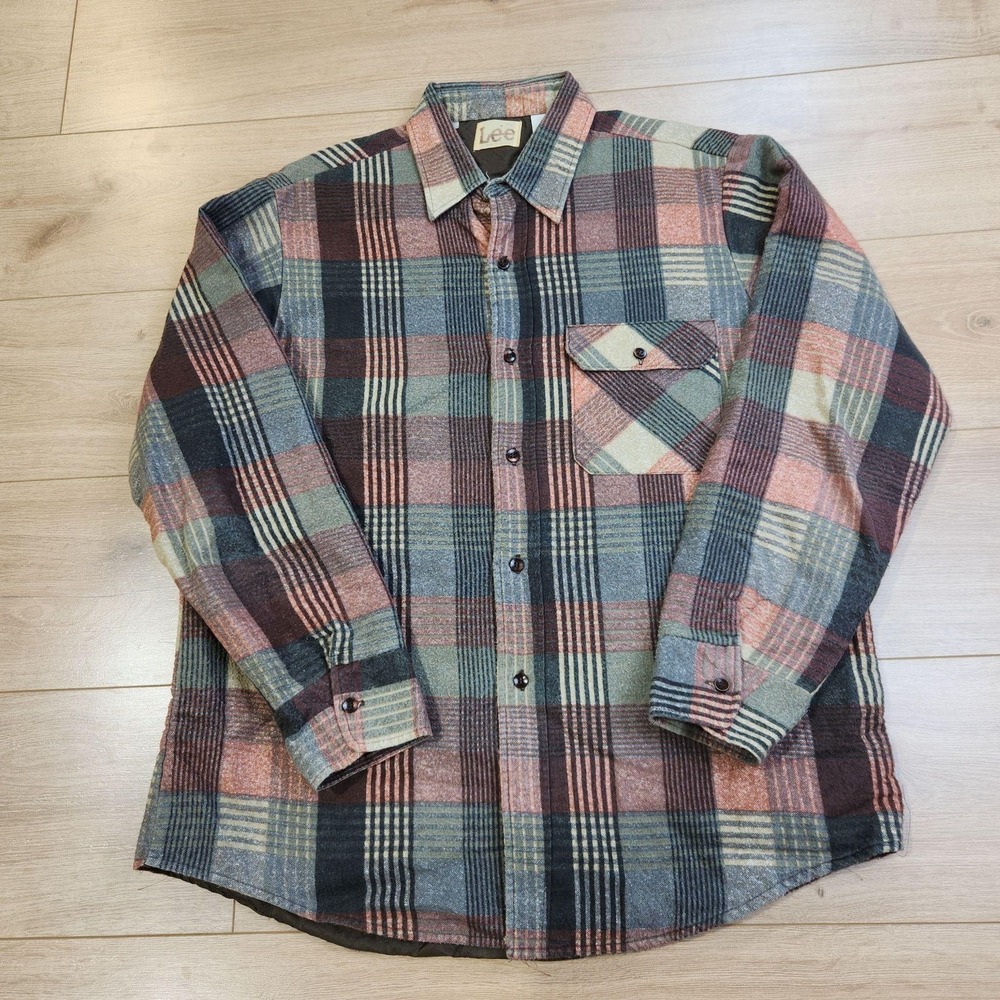 Vintage Lee Flannel Jacket Shirt Mens Large Multicolor Plaid Quilt Lined USA 80s